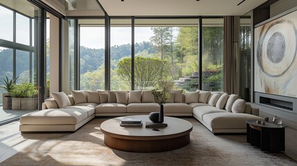 Poster - An airy living room with a sectional sofa in neutral tones, a large, round coffee table