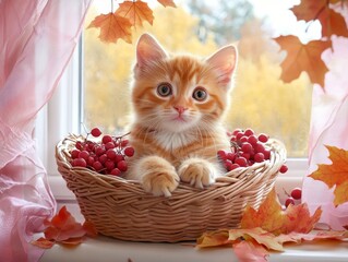 Wall Mural - A cute orange and white kitten is sitting in a basket with autumn leaves