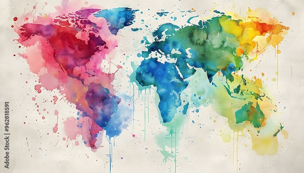 World Map Watercolor Abstract Art: A vibrant world map rendered in a ...