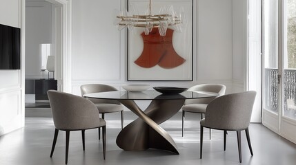 Poster - A sophisticated dining space with a glass-top table, modern upholstered chairs