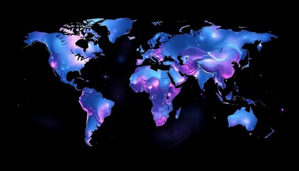 cosmic world map: a vibrant, abstract world map set against a black background, with continents glow