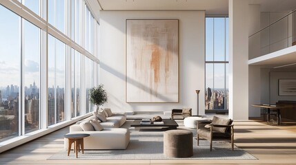 Poster - A sleek, open-concept living room with floor-to-ceiling windows