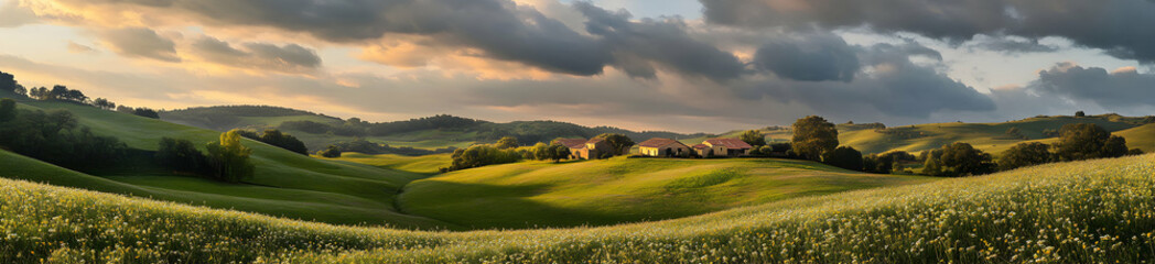 a panoramic view of a peaceful countryside dotted with quaint cottages, rolling green hills, and blo