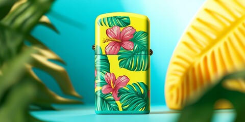 Poster - Tropical print box on blue background.