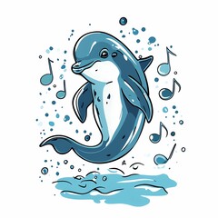 A cartoon dolphin leaps out of the water, surrounded by musical notes.