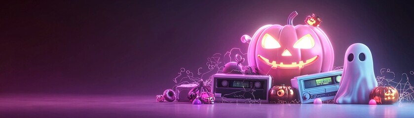 Poster - An 80s-style Halloween scene featuring a neon-lit pumpkin, VHS tapes, and a glowing ghost figure, with ample copy space for text or branding.