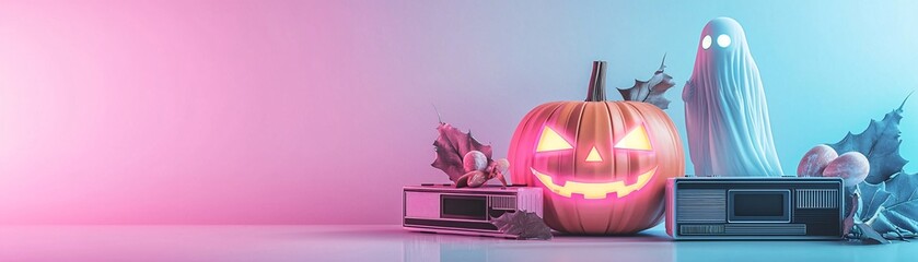 Poster - An 80s-style Halloween scene featuring a neon-lit pumpkin, VHS tapes, and a glowing ghost figure, with ample copy space for text or branding.