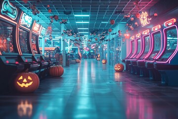 Poster - a retro 80s halloween arcade with neon lights, spooky decorations, and pumpkins, offering plenty of 