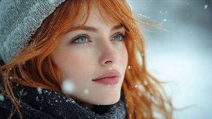 Canvas Print - A woman with red hair wearing a gray hat and scarf