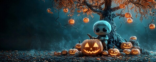 A family of aliens carving pumpkins under a spooky tree lit by Halloween lanterns, with a large section of the image left open for copy space.