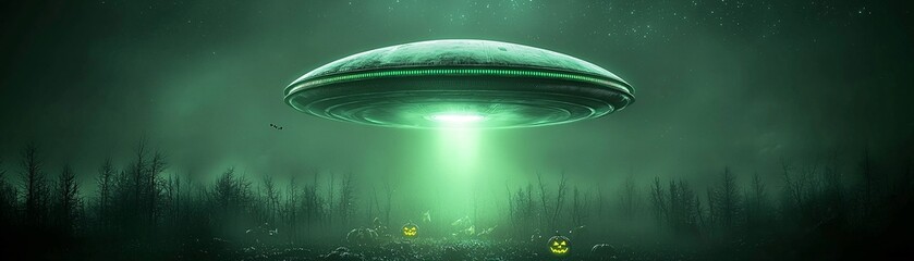 An alien spacecraft hovers over a haunted forest, casting a green glow on Halloween decorations below, with clear sky for additional text or graphics.