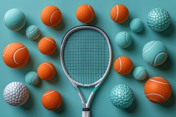 Tennis racquet surrounded by colorful tennis balls and textured play balls on a turquoise background