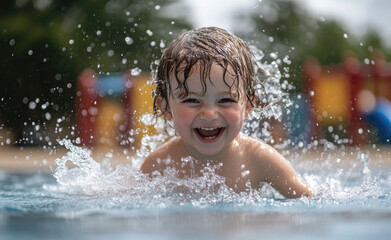 Poster - A young boy splashes into the blue water of an outdoor swimming pool, his laughter echoing through the air as he playfully jumps in with summer fun at hand. 