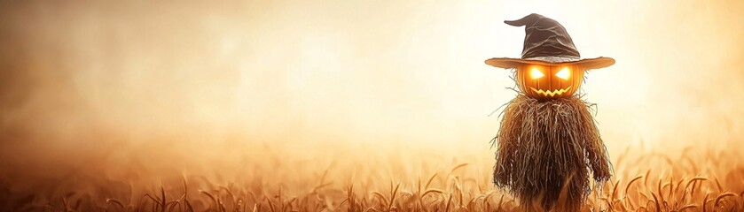 Poster - An atmospheric Halloween scene features a scarecrow with glowing eyes guarding a harvest field, with a large portion of the sky left blank for copy space.