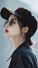 Poster - A woman wearing a black hat and sunglasses