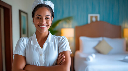 Poster - A woman in a hotel room with her arms crossed