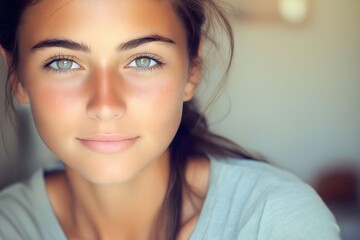 Wall Mural - A close up of a woman's face with blue eyes