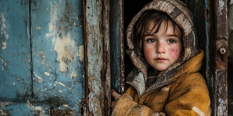 A child looking out from a cracked doorway.