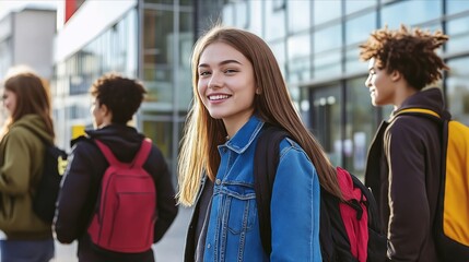 Wall Mural - A group of young people walking down a sidewalk with backpacks