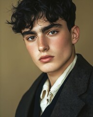 Wall Mural - A young man with curly hair wearing a suit and white shirt