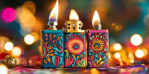 Poster - Three colorful lighters with flames and bokeh lights.