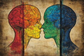 Sticker - Neuronal resilience Brain connectivity Two heads facing each other in profile with colorful puzzle pieces symbolizing human connection communication and psychological understanding