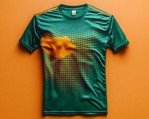 Wall Mural - Elegant dot design on a green t-shirt, solid orange background.