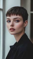 Wall Mural - A woman with short hair and a black shirt