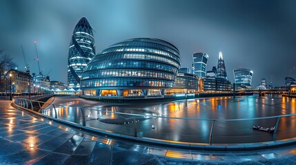 Wall Mural - A panoramic view of modern skyscrapers illuminated by city lights at night, reflecting on the water.