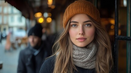 Canvas Print - A woman wearing a knitted hat and scarf looking out of a window