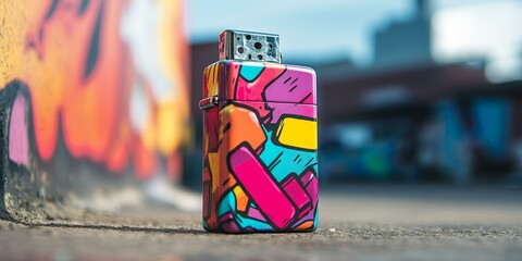 Wall Mural - Colorful lighter on concrete with blurred background.