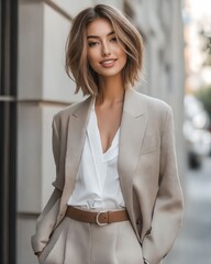 Wall Mural - A woman wearing a beige blazer and a white blouse and a brown belt