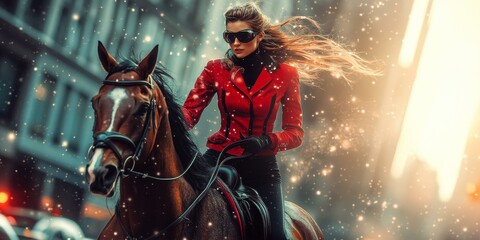 Wall Mural - Woman in red riding a horse in snowy city.