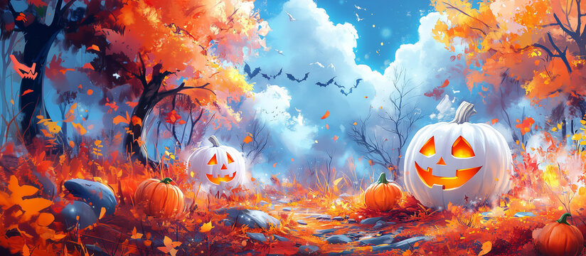 Happy Halloween banner or party invitation background with clouds, bats and pumpkins in paper cut style. Vector illustration. Full moon in orange sky, spiders web and witch cauldron. Place for text