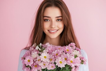 Wall Mural - A woman holding a bouquet of pink flowers in her hands