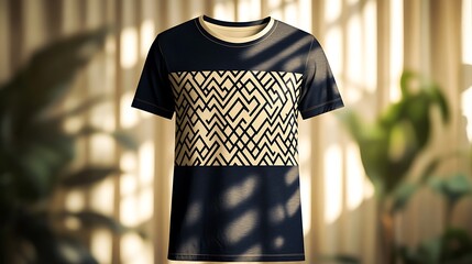 Wall Mural - Elegant geometric pattern on a navy t-shirt, solid cream bg.