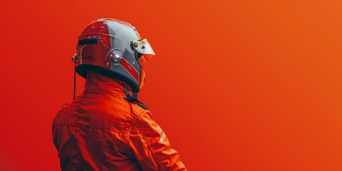 photo of a racing model wearing a helmet, rear view of a professional car or motorbike with an orange background and empty area for text