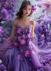 Wall Mural - A beautiful girl in an exquisite dress made of purple and pink flowers, in purple background. Generative AI.