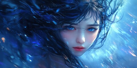 Beautiful girl with black hair developing in the wind. Fantasy artwork in blue colors