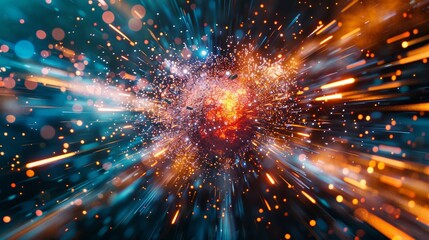 Poster - Photo of digital particle explosion on abstract technology background. Quantum core, computer network, artificial intelligence and global data connectivity.