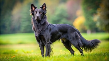 A sleek black dog, with distinctive coat and floppy ears, stands poised in the grass, projecting athleticism and gentle charm.