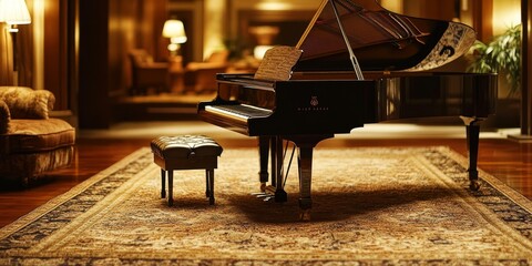 Sticker - Grand piano, stool, and carpet in a room.