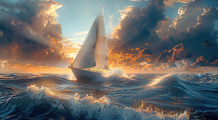 Wall Mural - A futuristic sailboat riding the ocean waves. Generative AI.