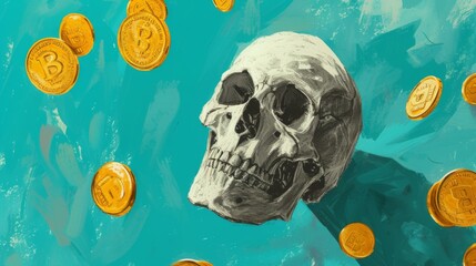 Digital painting of a skull surrounded by floating bitcoins, set against a teal background. The image blends modern digital currency symbolism with traditional macabre art, creating a thought