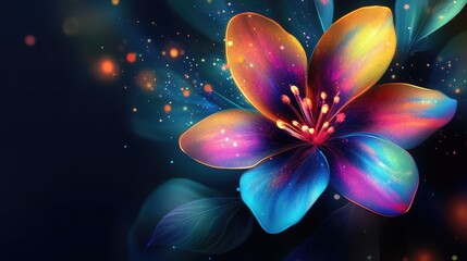 Dreamlike rainbow-hued flower blooms glowing on a dark background, with radiant light effects and luminous, ethereal petals