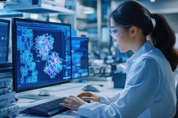 Biotech researcher using advanced computer software to design synthetic biological materials