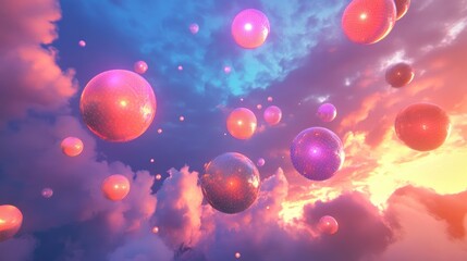 Geometric spheres radiating colored lights, floating in the sky in a dreamlike surreal setting, glowing softly in the atmosphere