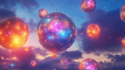 Geometric spheres radiating colored lights, floating in the sky in a dreamlike surreal setting, glowing softly in the atmosphere