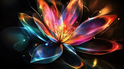 Glowing rainbow-hued abstract flower blooms with luminous petals, creating a dreamlike effect on a dark background with ethereal light