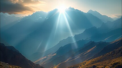 Wall Mural - Sun shines at a low angle, casting its rays, gaps in the mountain range, creating streaks of bright light, mountains, rest remain enveloped in soft shadows. Generative AI.